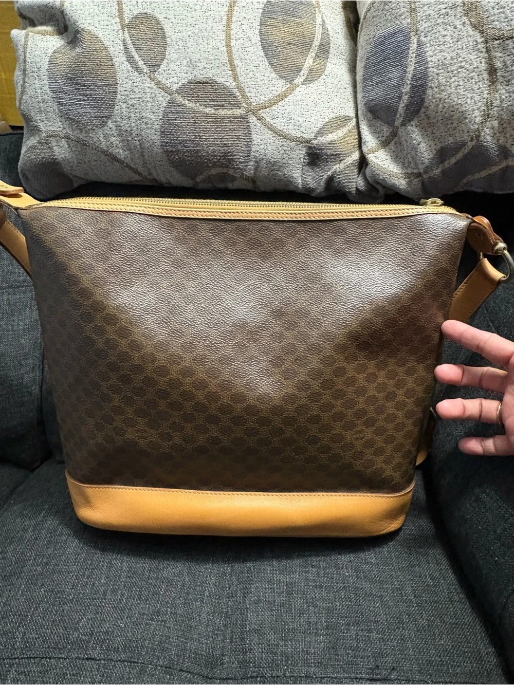 Celine Brown Monogram Canvas Crossbody Bag with Tan Leather Trim